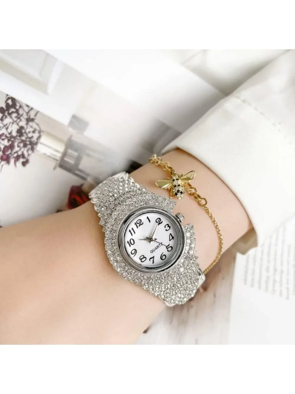 Women's Silver Elegant Crystal Bangle Bracelet Round Dial Analog Quartz Watch